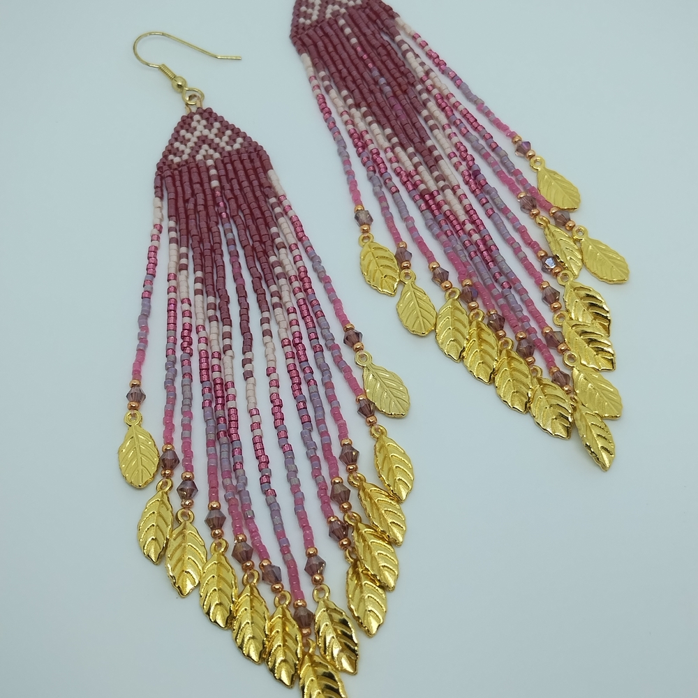 Chic Beaded Fringe Earrings with Gold Leaf Accents